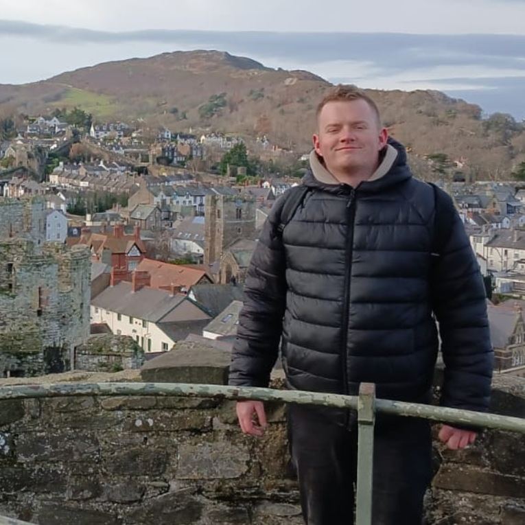 Man standing on a castle wall overlooking a town with hills in the background.